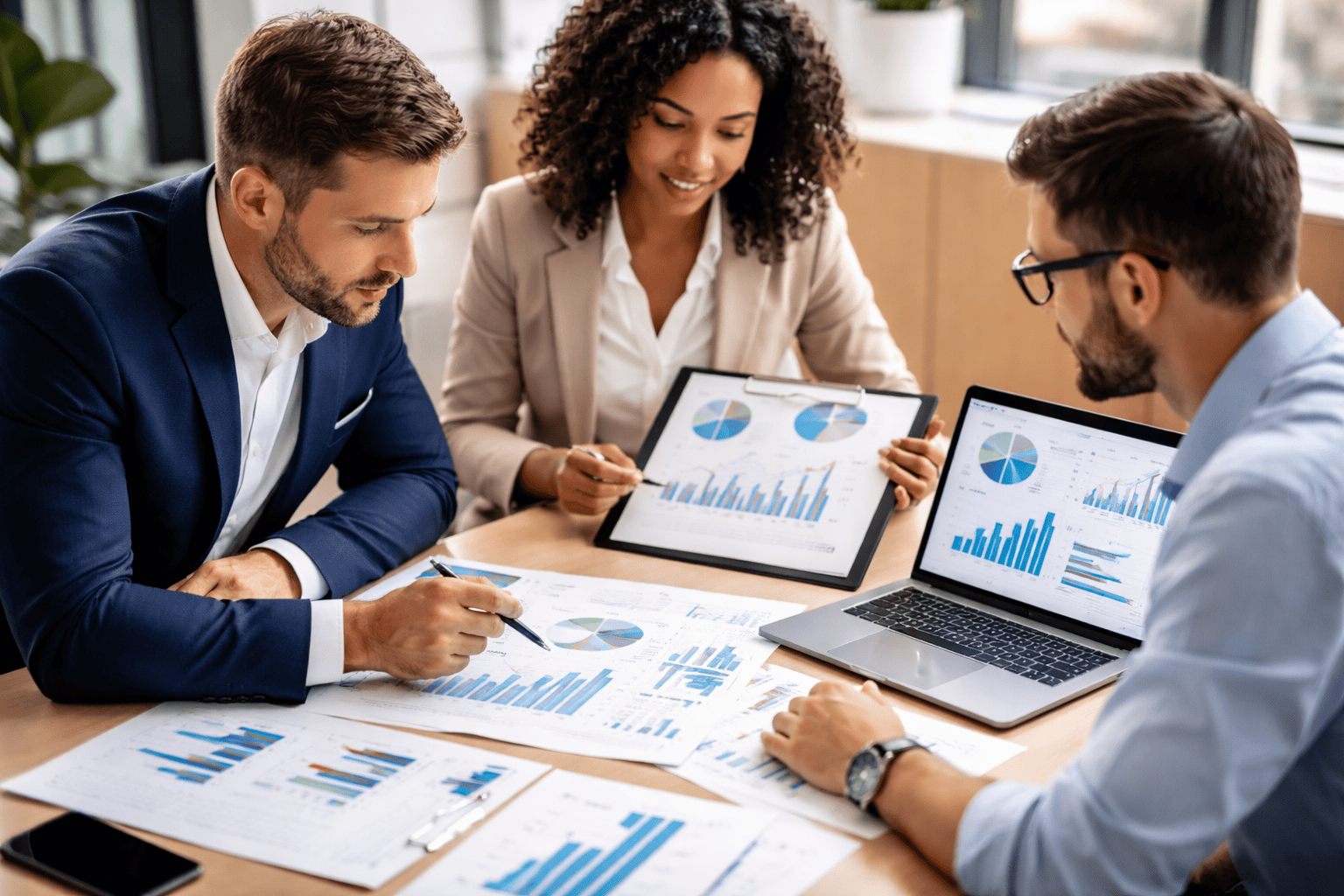 Ilustração de pessoas analisando gráficos financeiros